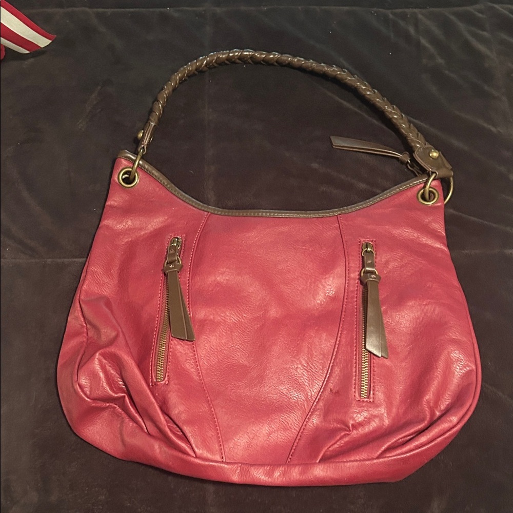 Bueno Red Leather Shoulder Bag with Brown Accents